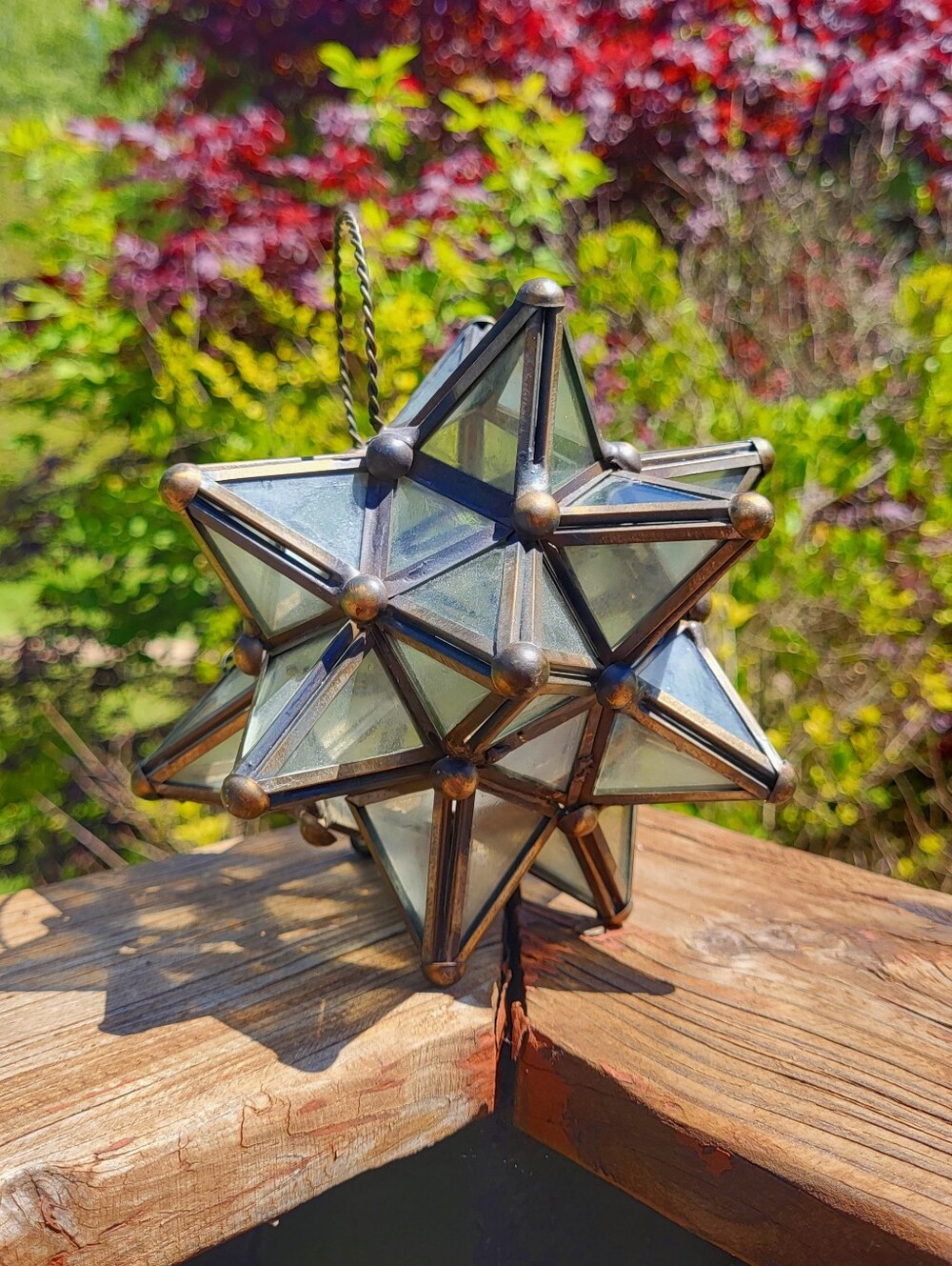 Vintage Moravian Star Hanging Glass Candle Lantern Smoky Glass Moroccan Boho